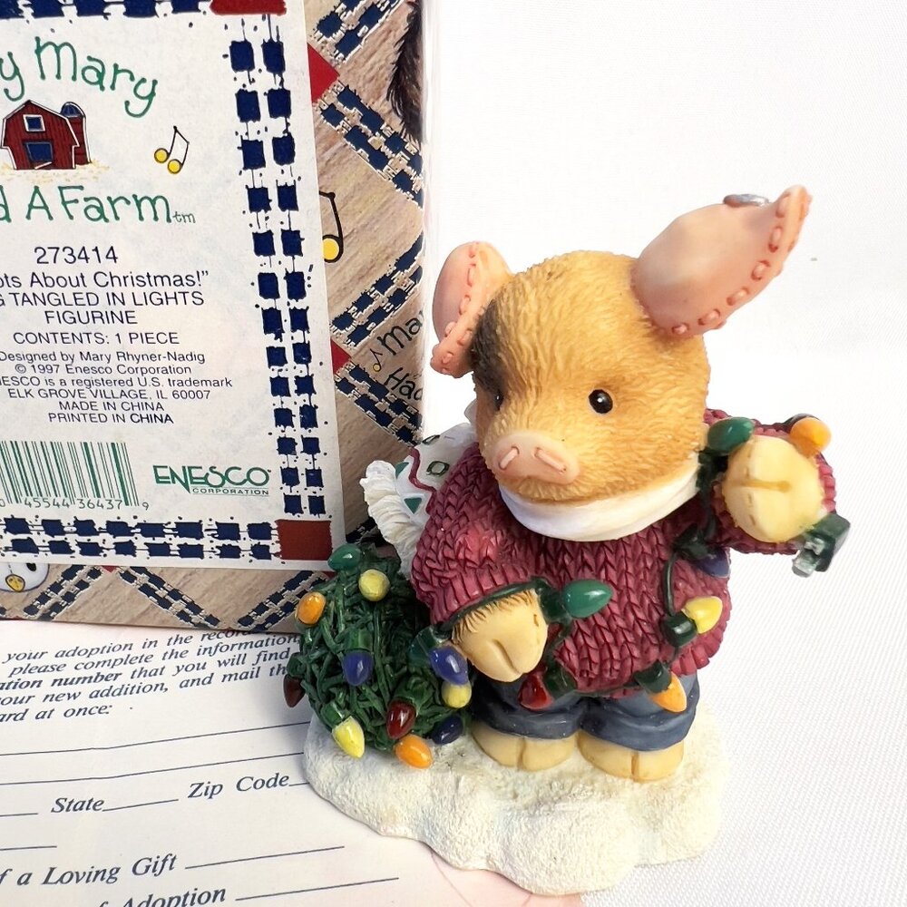 Enesco “Mary Mary Had a Farm” Figurine Pig Tangled in Christmas Lights 1997